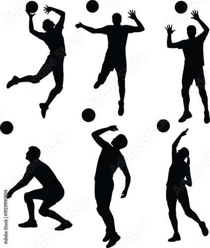 Volleyball players silhouettes collection, dynamic spike serve block receive poses, isolated black vector set, sports action figures illustration 
