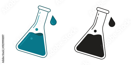 Teal and Black Erlenmeyer Conical Flask Icon Set with Liquid Droplet - Laboratory Glassware Vector Illustration