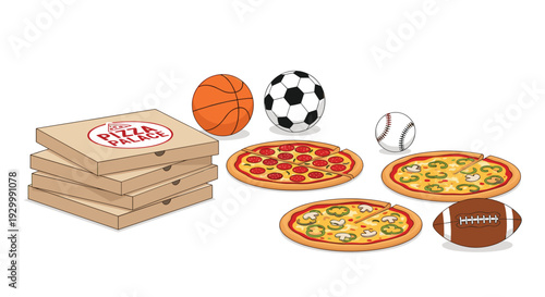 A stack of pizza boxes and three whole pizzas are arranged next to a basketball, soccer ball, baseball, and football on a white background.