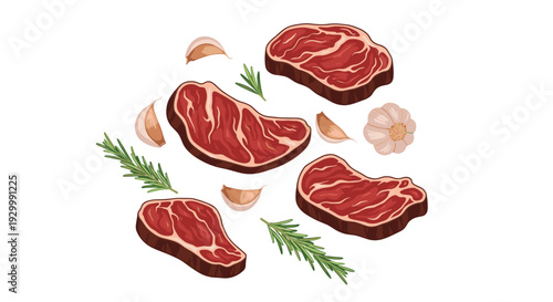 Four raw marbled beef steaks are scattered with fresh rosemary sprigs and garlic cloves on a clean white background in a flat illustration style.