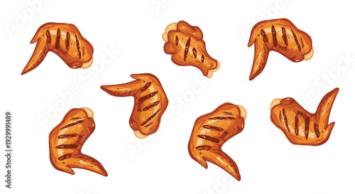 Seven realistic grilled chicken wings with charred marks and a glossy glaze are positioned in various angles on a plain white background.