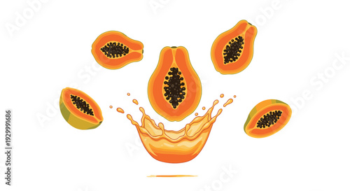 Papaya halves and slices are positioned around a central liquid splash of orange juice on a white background for fruit beverage concepts.