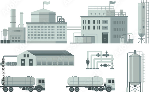 Industrial refinery and factory buildings vector illustration with storage tanks, pipelines, warehouse and tanker trucks transportation system