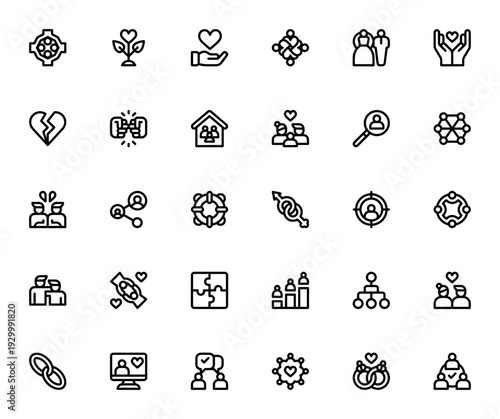 Human relations icon set. Vector symbols for hug, family, love, friendship, communication, heart, connect, users and more. Editable thin line illustrations.
