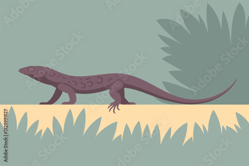 Purple lizard walking on sandy ground with green grass and foliage background