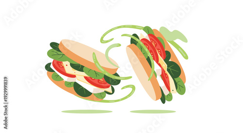 Two sandwich halves with fresh spinach and tomato slices float in the air with green motion lines on a white background.