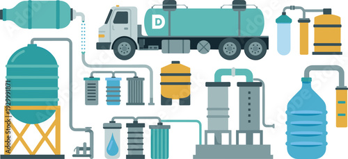 Industrial Water Delivery and Filtration System Illustration Featuring Tanker Truck, Storage Tanks, Purification Units, and Processing Equipment Vector Design