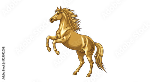 A golden horse rearing up on its hind legs with a flowing mane and tail is isolated on a plain white background.
