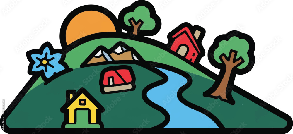 Fototapeta premium Cartoon landscape illustration with houses trees river and sun