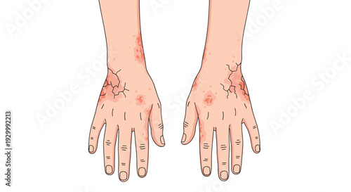 Two hands and forearms with dry cracked and scaly red skin patches are shown against a plain white background.