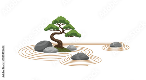 A twisted bonsai tree grows from a mossy base surrounded by grey stones and raked sand patterns on a plain white background in a traditional zen garden.