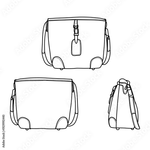 Three angles of a messenger bag line drawing.