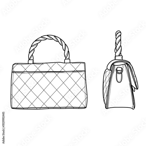 Elegant Quilted Handbag Illustration - Front and Side Views.