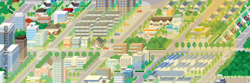 黄砂に覆われた霞んだ街並み. アイソメ図で描いた都市.