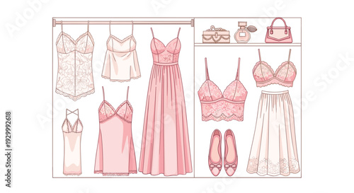 A closet display features pink lace lingerie items hanging next to a long dress and skirt with shelves containing a jewelry box perfume and a handbag.