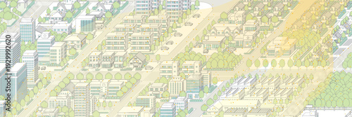 黄砂に覆われた霞んだ街並み. アイソメ図で描いた都市.