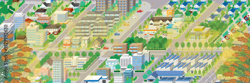 花粉が飛散する街並み. アイソメ図で描いた都市.