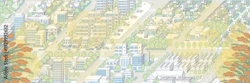 花粉が飛散する街並み. アイソメ図で描いた都市.