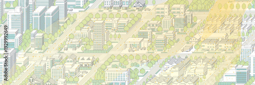 黄砂に覆われた霞んだ街並み. アイソメ図で描いた都市.