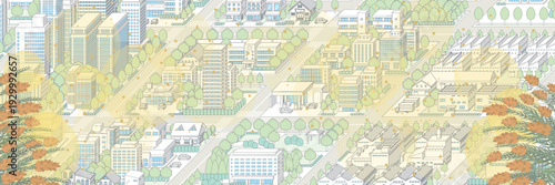 花粉が飛散する街並み. アイソメ図で描いた都市.