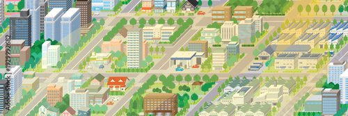 黄砂に覆われた霞んだ街並み. アイソメ図で描いた都市.