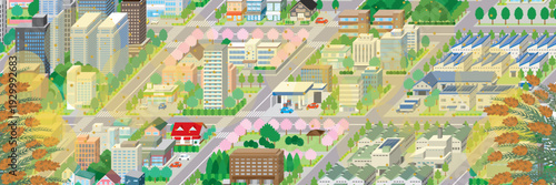 花粉が飛散する街並み. アイソメ図で描いた都市.