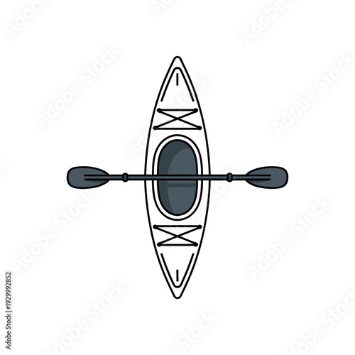 Kayaking top down view shows a sleek single person boat with a double blade paddle.