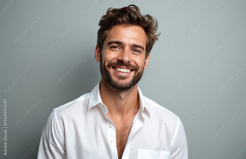 Obraz premium Man in white shirt smiles warmly with beard. He has brown hair and looks directly at camera. Studio portrait captures his friendly expression against a neutral gray backdrop.