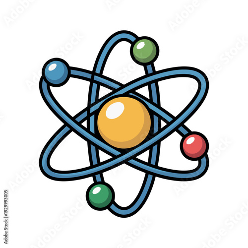 Stylized atomic structure features orbiting electrons around a central nucleus core.