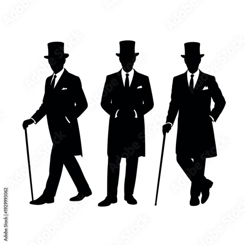 Three distinguished gentlemen silhouettes wear formal tailcoats and top hats holding.
