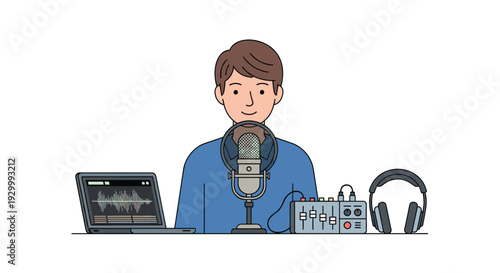 A male podcast host sits at a desk equipped with a professional microphone, audio mixer, headphones, and a laptop showing sound waves for recording.