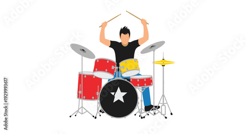 A male musician with black hair plays a colorful drum set featuring red drums and a black bass drum with a white star.