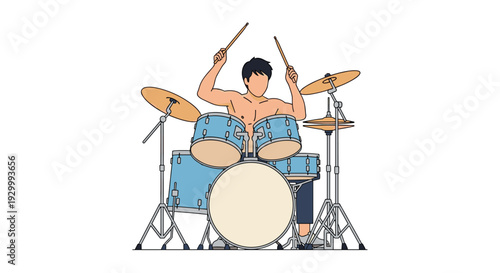 A shirtless male drummer plays a light blue drum kit with golden cymbals while holding wooden drumsticks high.