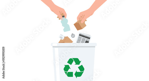Two human hands drop a plastic bottle and a cardboard box into a white recycling bin with a green logo against a white background.