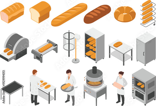 Isometric bakery production line illustration with bread varieties, industrial baking equipment, workers, ovens, conveyor systems, and food processing workflow