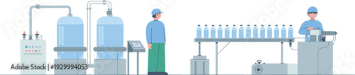 Isometric bottled water production line with filtration tanks, factory workers, conveyor system, and automatic filling equipment illustration