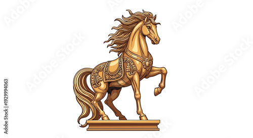 A golden horse statue with an ornate saddle stands on a tiered brown pedestal against a solid white background in side profile.