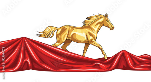 A sleek golden horse gallops across undulating waves of red silk fabric against a plain white background in a horizontal composition.