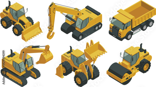 Isometric construction machinery vector illustration featuring excavator, loader, bulldozer, dump truck, road roller and heavy equipment vehicles