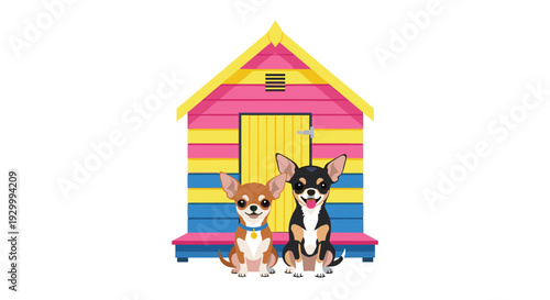 Two short-haired Chihuahua dogs sit in front of a colorful striped beach hut with pink and yellow walls on a white background.