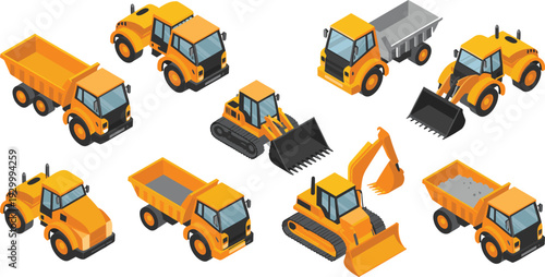 Isometric construction machinery vehicles vector set featuring dump trucks, excavators, loaders, bulldozers and heavy industrial equipment 
