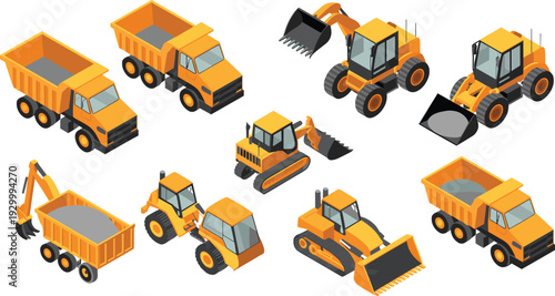 Isometric construction vehicles vector illustration set with dump trucks, excavators, loaders, bulldozers and heavy industrial machinery equipment