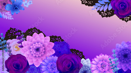 パープル系の花とレースの背景イラスト・紫バック