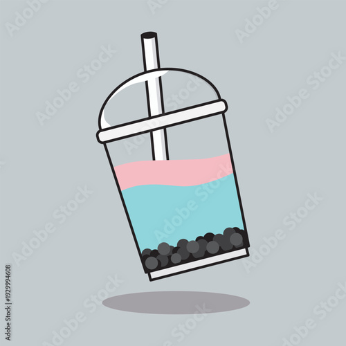 Flat cartoon illustration of strawberry and bubble gum flavored boba drink