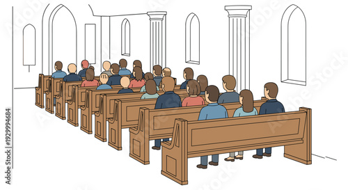 People sit in rows of light brown pews inside a church with tall white columns and arched windows in this illustration.