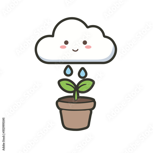 Cute Cloud Watering Plant Illustration