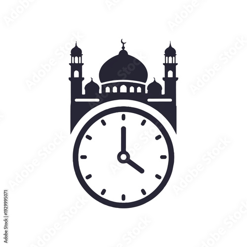 Mosque Icon with Clock Face Symbol.