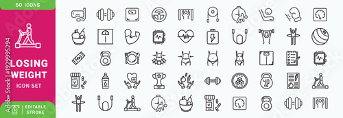 Losing Weight icon set. Contain icons related to Diet, weight loss, nutrition, and more. Editable stroke. Vector illustration