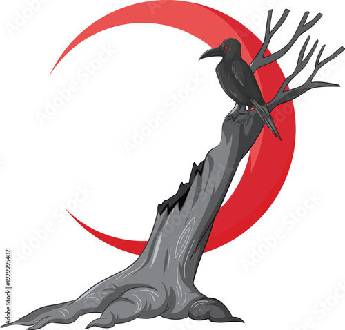 Vector Illustration of a Black Crow Perched on a Dead Tree Stump with a Large Red Crescent Moon