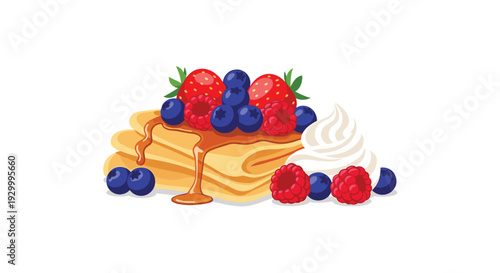 A stack of three pancakes topped with maple syrup and fresh berries sits next to a swirl of white whipped cream on white.